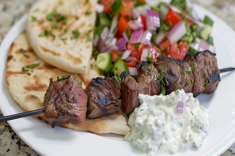 A vibrant Mediterranean food platter featuring grilled beef and chicken kebabs, golden-brown falafel, a bowl of creamy hummus with olive oil, a crisp Greek salad with feta cheese, and warm pita bread.