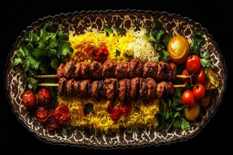 Close-up of a steaming platter featuring a traditional Persian kebab, including juicy ground beef koobideh and saffron-marinated chicken, served with blistered tomatoes over buttery basmati rice.