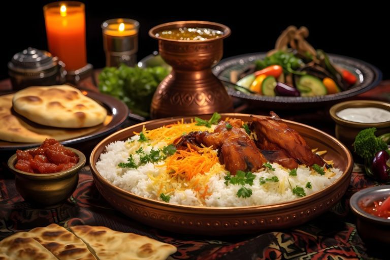 A vibrant family platter from Parkway Kebab, an authentic Iranian restaurant in Ventura County, featuring charcoal-grilled beef koobideh, saffron chicken jujeh kebabs, and fluffy basmati rice.