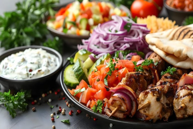 Fresh mediterranean food dtla lunch bowl with charbroiled chicken kebab, hummus, and Shirazi cucumber salad.